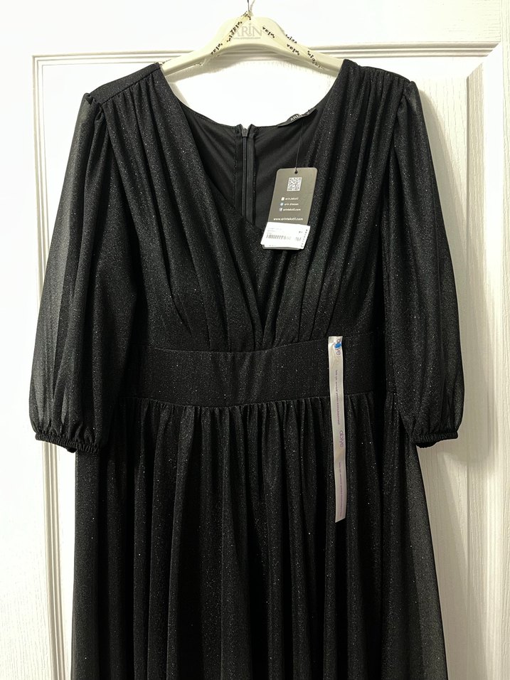 Kadın Siyah Midi Boy V Yaka Abiye Elbise - Görsel 2