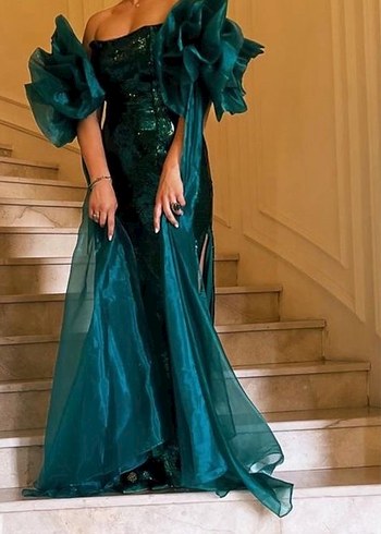 Yeşil Drapeli Uzun Abiye Elbise - Görsel 2