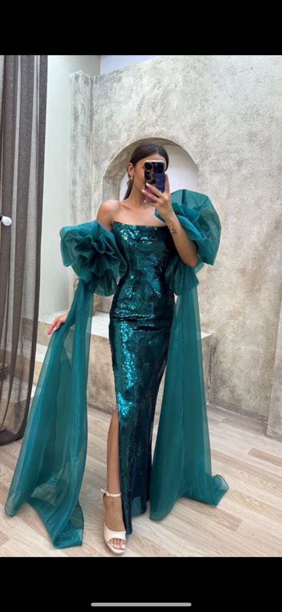 Yeşil Drapeli Uzun Abiye Elbise - Görsel 3