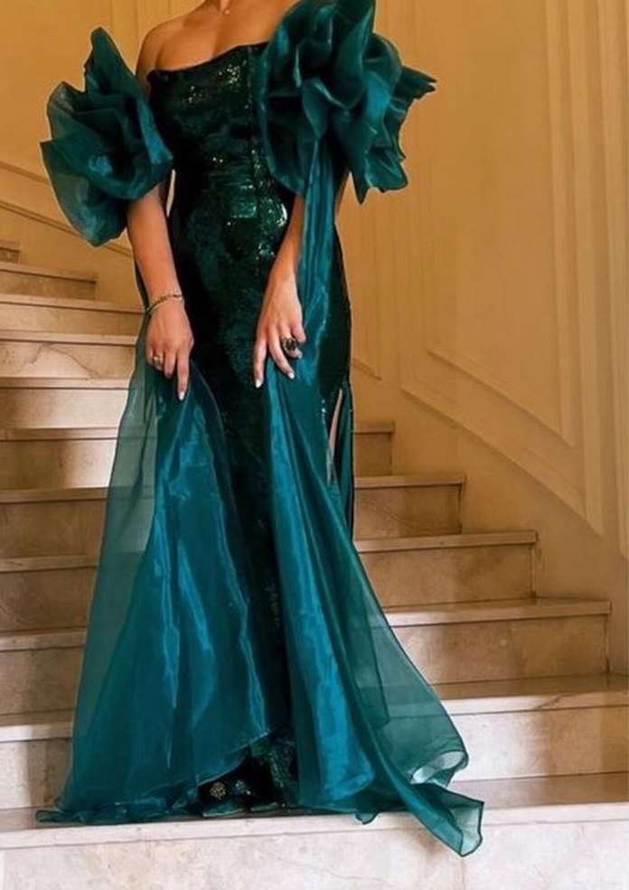 Yeşil Drapeli Uzun Abiye Elbise - Görsel 2