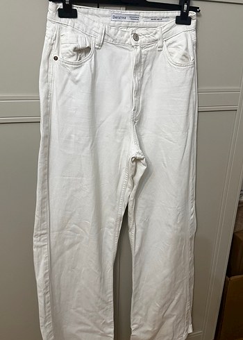 bershka high rise wide leg white jeans - Görsel 3