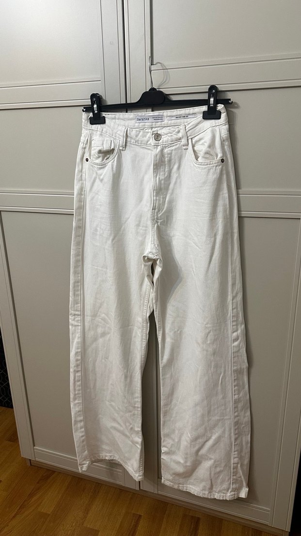 bershka high rise wide leg white jeans - Görsel 2