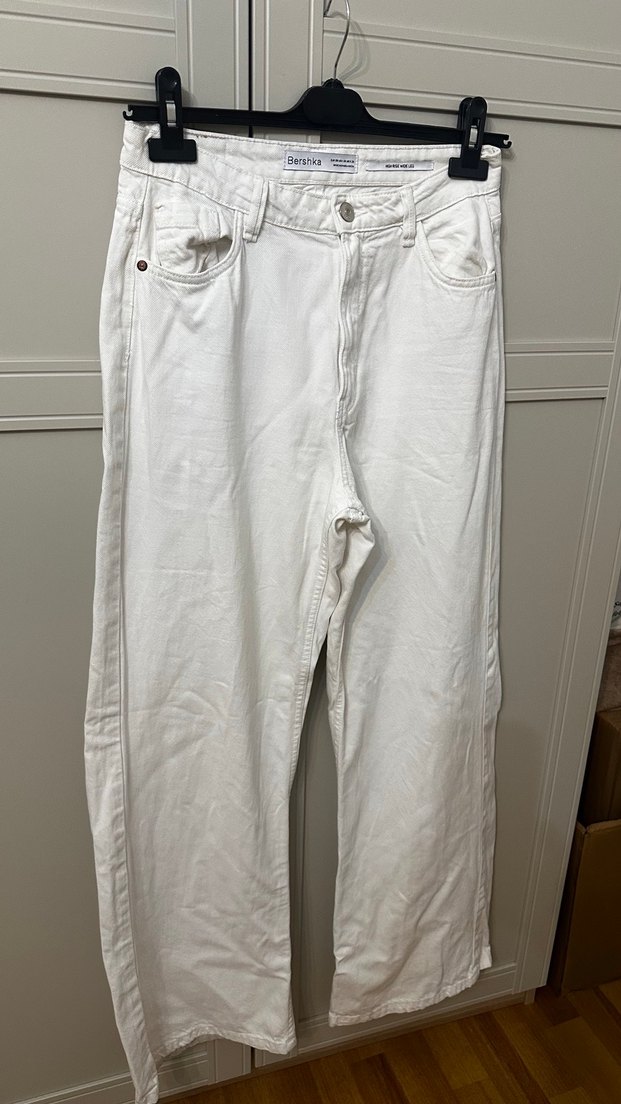 bershka high rise wide leg white jeans - Görsel 3