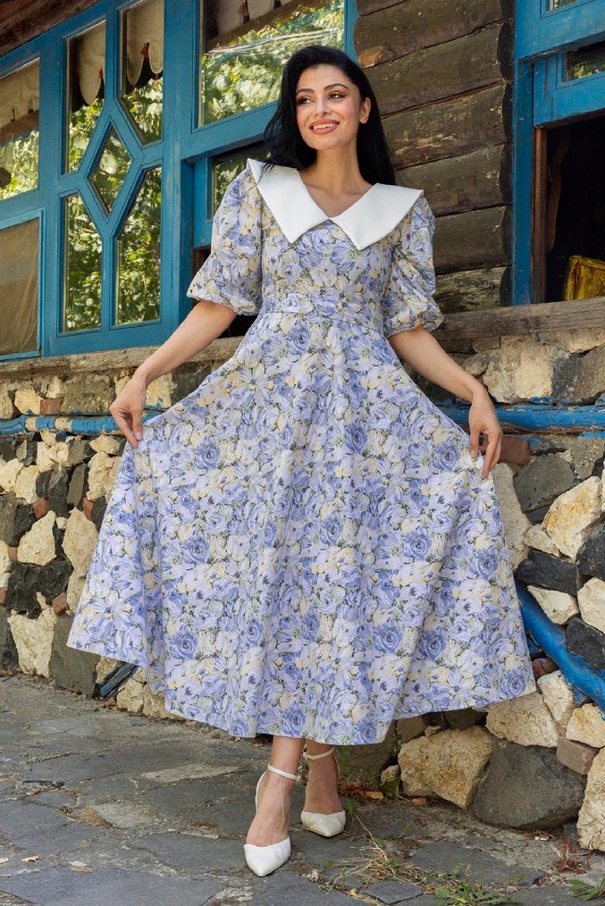 V Yaka Midi Bohem Çiçekli Kadın Elbise - Görsel 2