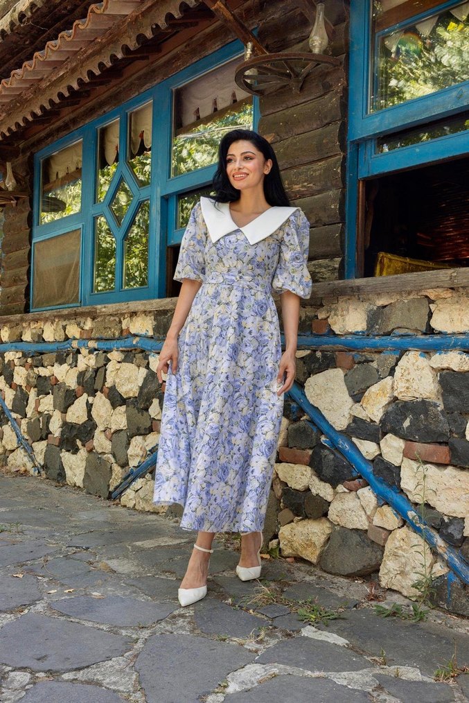 V Yaka Midi Bohem Çiçekli Kadın Elbise - Görsel 3