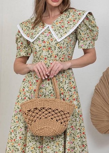 Yeşil Vintage midi Çiçekli Bohem Elbise - Görsel 2