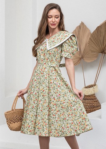 Yeşil Vintage midi Çiçekli Bohem Elbise - Görsel 3