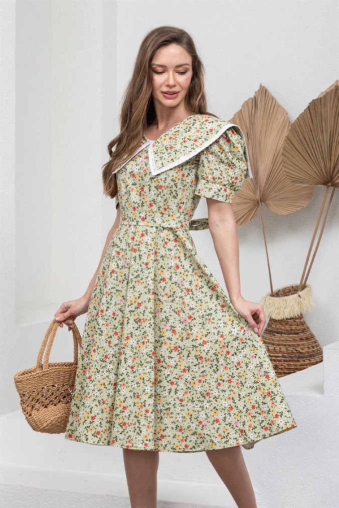 Yeşil Vintage midi Çiçekli Bohem Elbise - Görsel 3