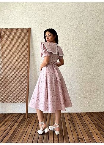 Dantel Detaylı Pembe Vintage Uzun Elbise - Görsel 2