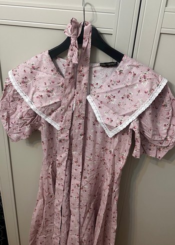 Dantel Detaylı Pembe Vintage Uzun Elbise - Görsel 7