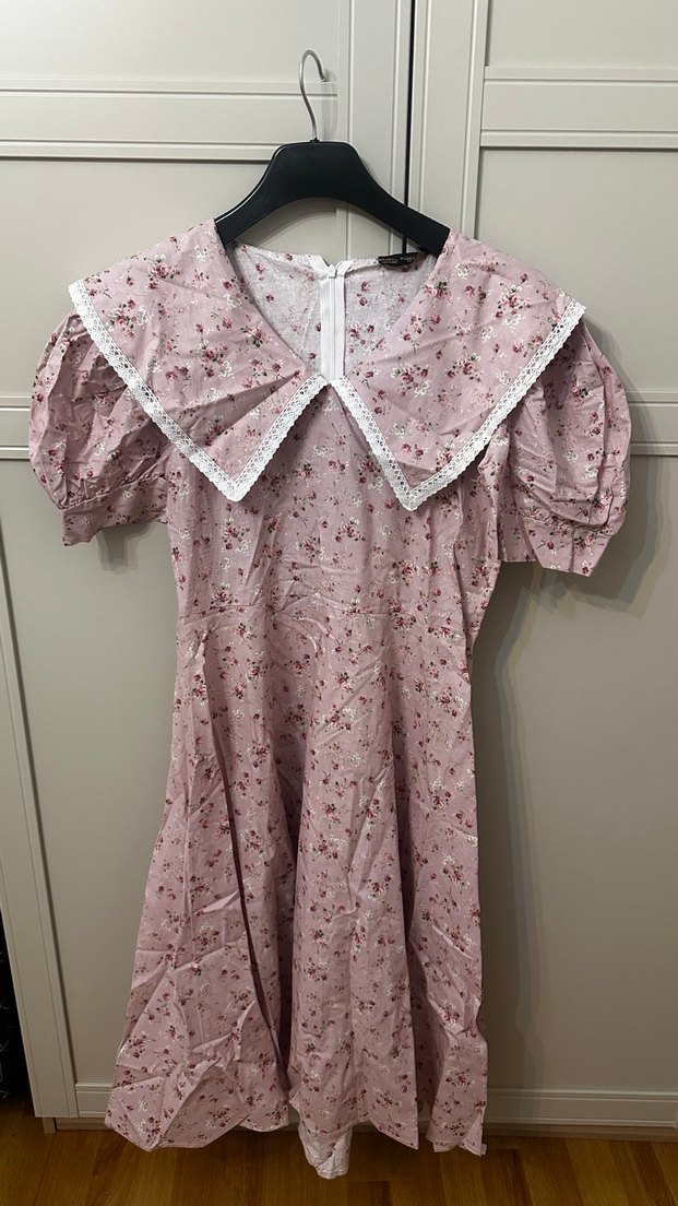 Dantel Detaylı Pembe Vintage Uzun Elbise - Görsel 4