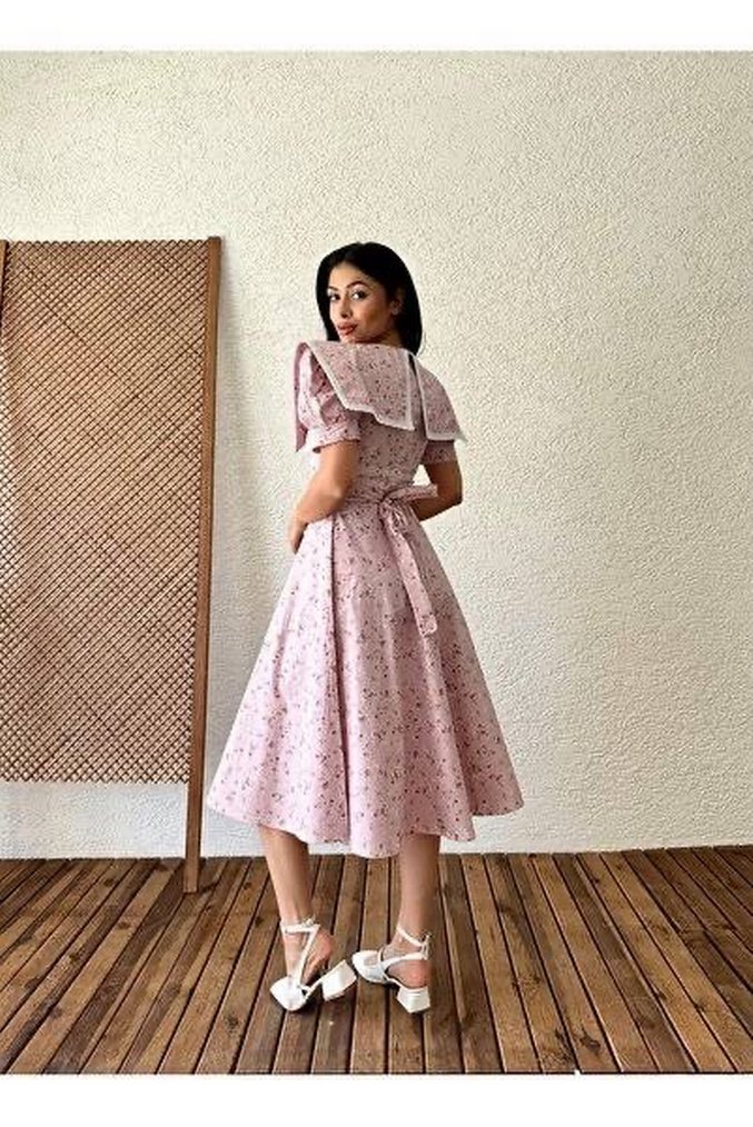 Dantel Detaylı Pembe Vintage Uzun Elbise - Görsel 2