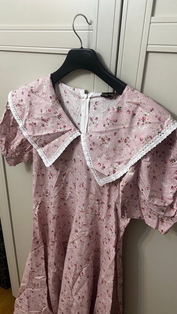 Dantel Detaylı Pembe Vintage Uzun Elbise - Görsel 5