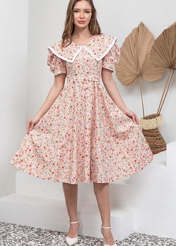 Pembe Çiçekli Mini Bohem Elbise - Görsel 2