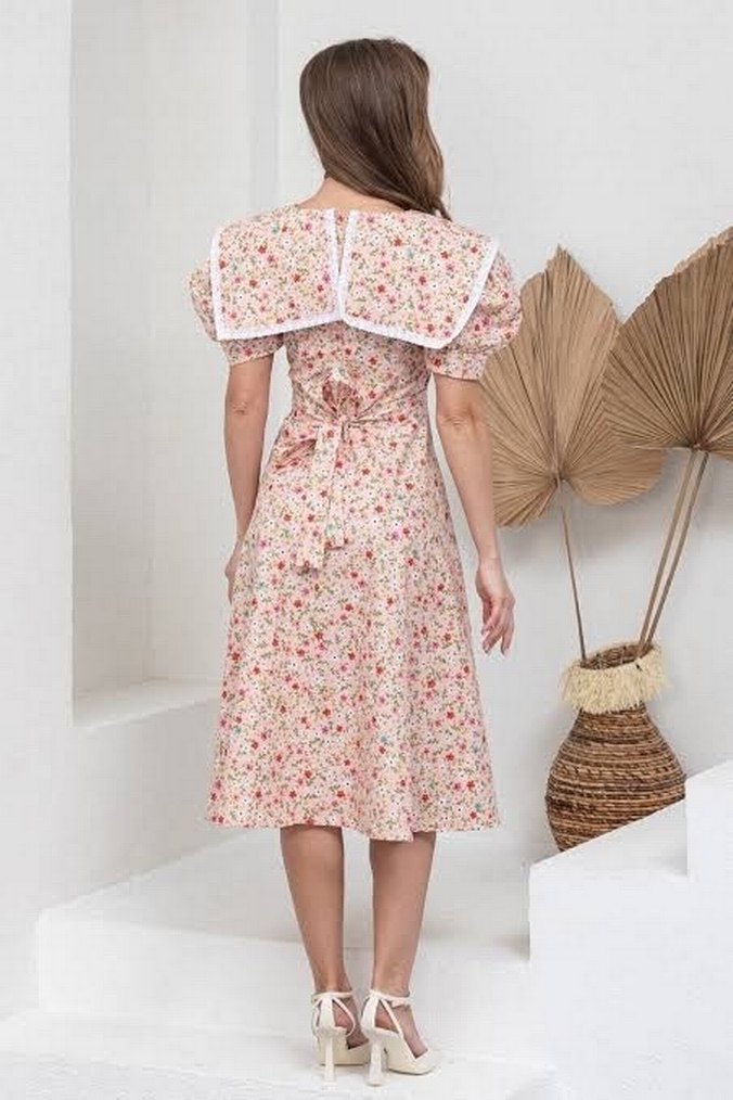 Pembe Çiçekli Mini Bohem Elbise - Görsel 3