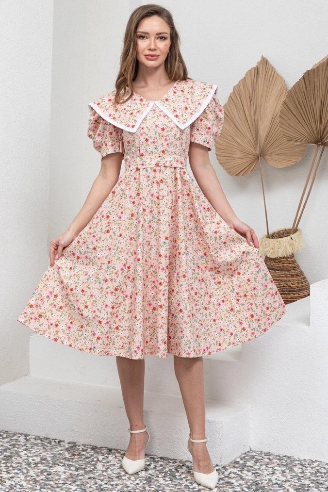 Pembe Çiçekli Mini Bohem Elbise - Görsel 2