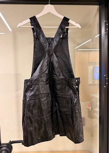 Kadın Siyah Deri Askılı Midi Salopet - Görsel 2