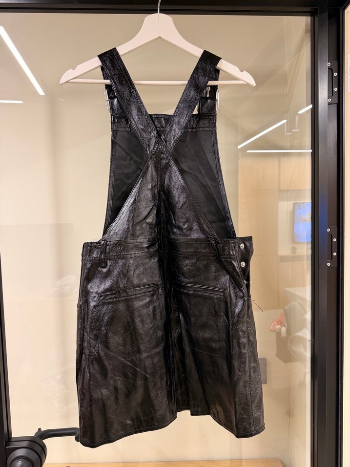 Kadın Siyah Deri Askılı Midi Salopet - Görsel 2