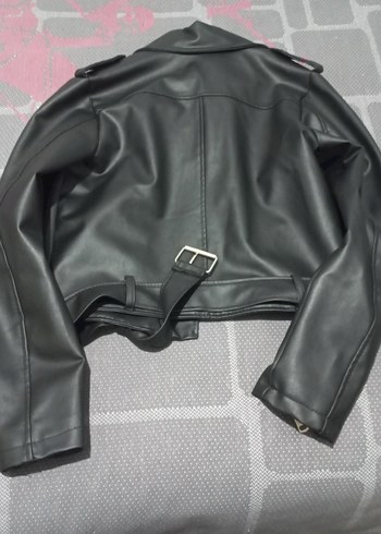 Siyah Deri Biker Ceket Mini Kesim - Görsel 2