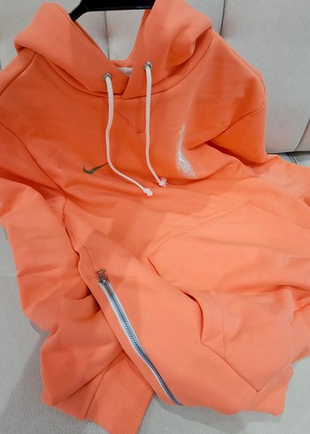 Turuncu Kapüşonlu Fermuarlı Kadın Sweatshirt - Görsel 5