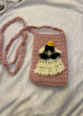 Pembe Örgü Kadın Bere telefon çantası - Görsel 3