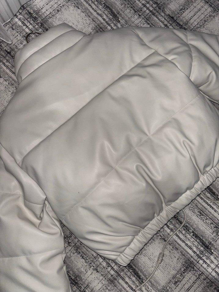 Beyaz Deri Kadın Mont, Kürklü, Boğazlı - Görsel 3