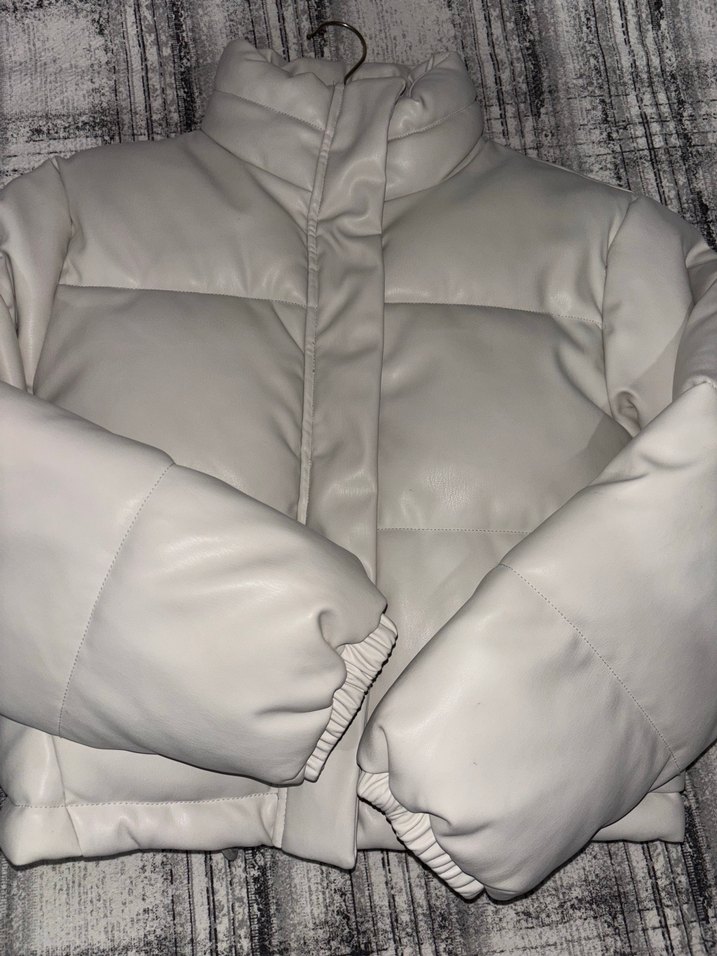 Beyaz Deri Kadın Mont, Kürklü, Boğazlı - Görsel 2