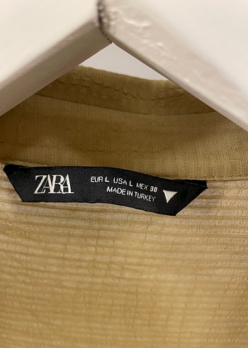 Zara Hardal rengi Keten V Yaka Drapeli Kadın Gömlek