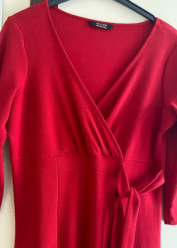 Kırmızı V Yakalı Drapeli Kadın Triko Elbise - Görsel 2