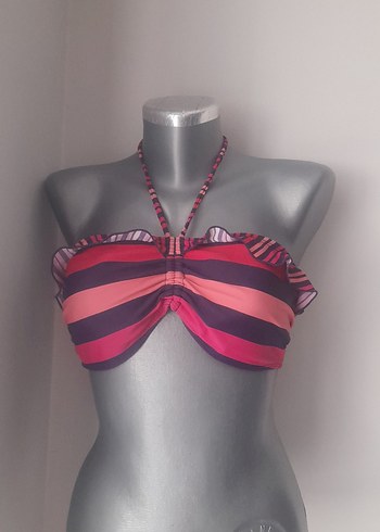 Çizgili Pileli Mini Bikini Üstü