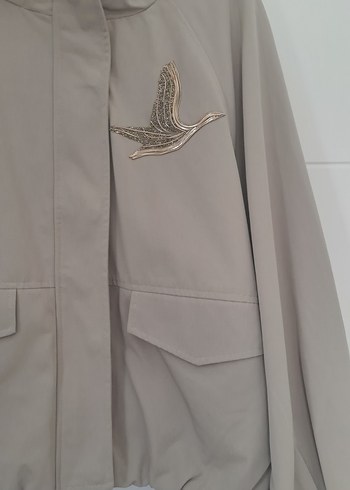 Bej Mini Kadın Ceket Kapüşonlu ve Düğmeli - Görsel 2