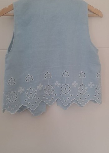 Nakışlı Kolsuz Keten Bluz - Görsel 4