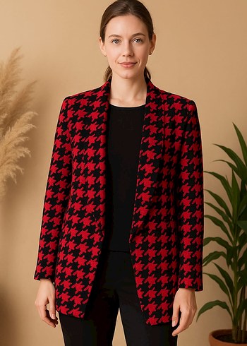 Kadın Kırmızı Desenli Düğmeli Blazer