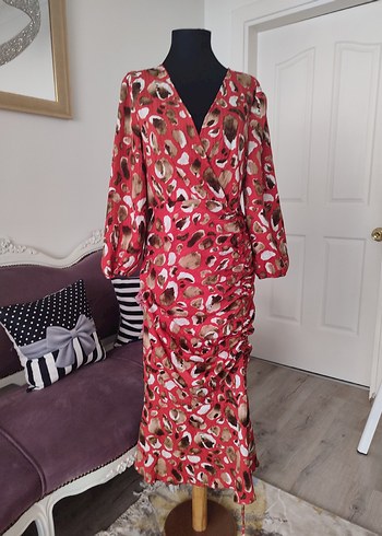 Uzun Kol, V Yakalı Kırmızı Bağlamalı Elbise - Görsel 2