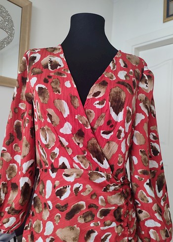 Uzun Kol, V Yakalı Kırmızı Bağlamalı Elbise - Görsel 4