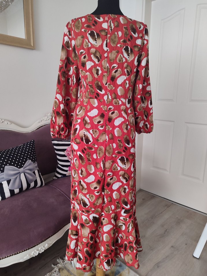 Uzun Kol, V Yakalı Kırmızı Bağlamalı Elbise - Görsel 3