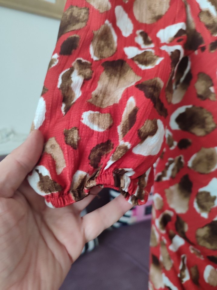 Uzun Kol, V Yakalı Kırmızı Bağlamalı Elbise - Görsel 5