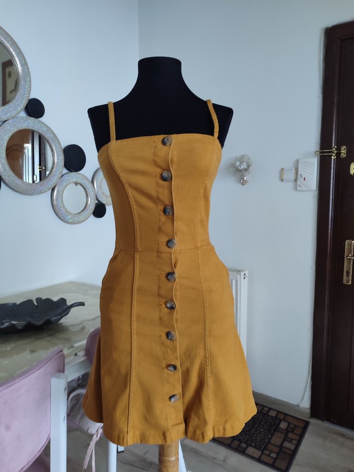 Sarı Düğmeli  Mini Elbise - Görsel 2