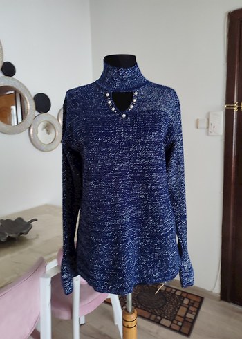 Kadın Lacivert Yüksek Yakalı Triko Kazak - Görsel 2