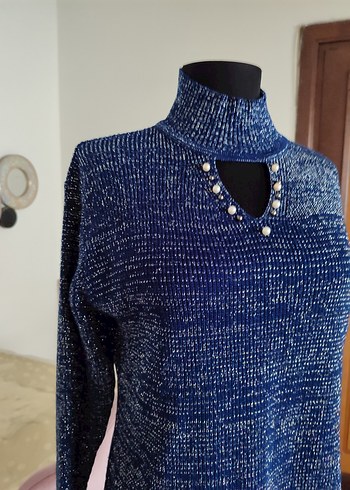Kadın Lacivert Yüksek Yakalı Triko Kazak - Görsel 3