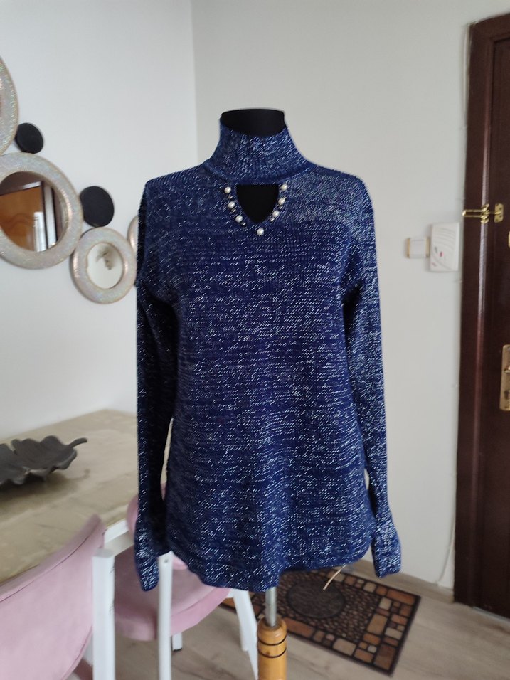 Kadın Lacivert Yüksek Yakalı Triko Kazak - Görsel 2
