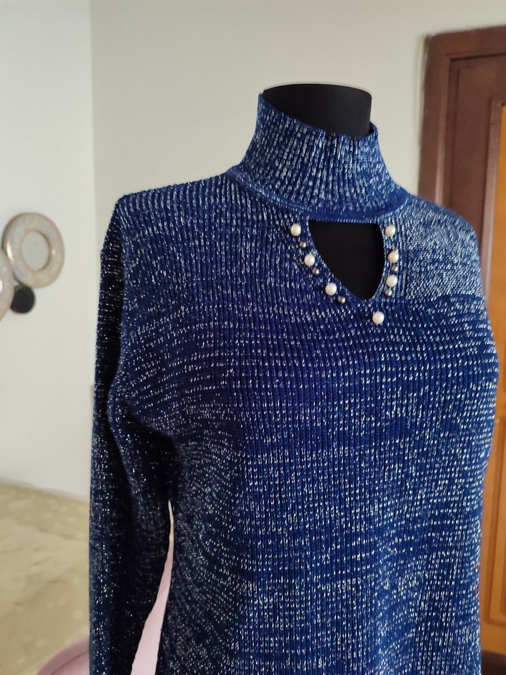 Kadın Lacivert Yüksek Yakalı Triko Kazak - Görsel 3