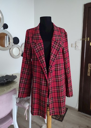 Bordo Ekose Desenli Kadın Blazer Ceket - Görsel 2