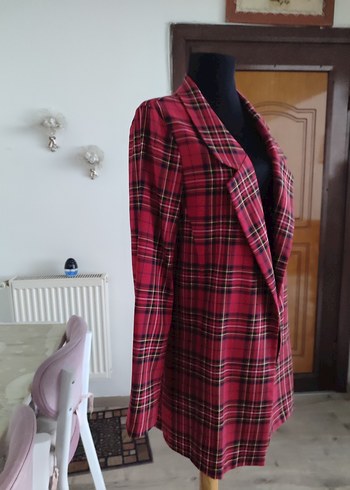 Bordo Ekose Desenli Kadın Blazer Ceket - Görsel 3