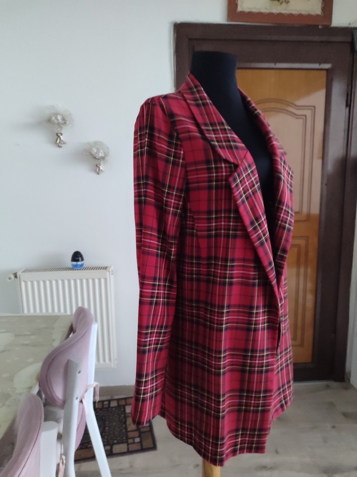 Bordo Ekose Desenli Kadın Blazer Ceket - Görsel 3