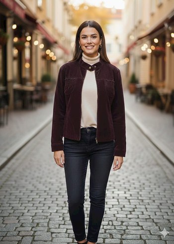 kahverengi kadife Kadın  Ceket Yüksek Yaka - Görsel 2