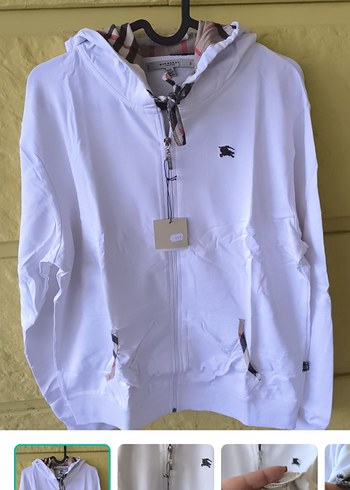 Burberry Beyaz Kapusonlu Fermuarli Ceket