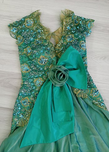 Yeşil Nakışlı Uzun Abiye Elbise - Görsel 2