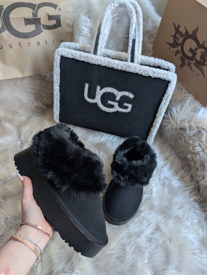 UGG Siyah Kürklü Kadın Terlik Platform Topuk - Görsel 3