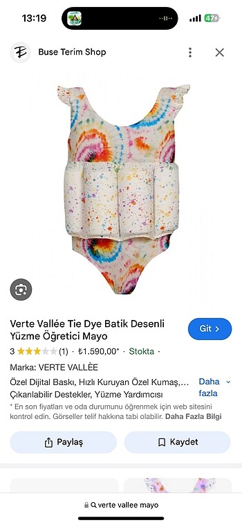 4 Yaş Beden beyaz Renk Verte Valle Yüzdüren Mayo